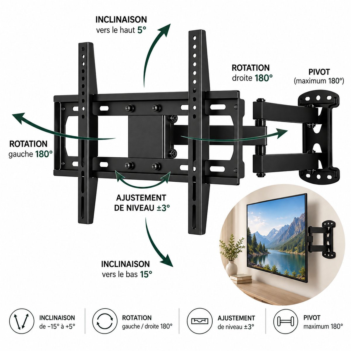 Support mural TV compatible VESA de 100x100 à 400x400 mm