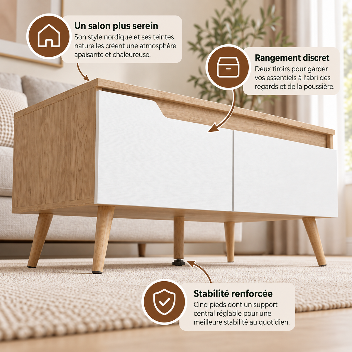 Table basse Aino sur cinq pieds, dont un pied central réglable