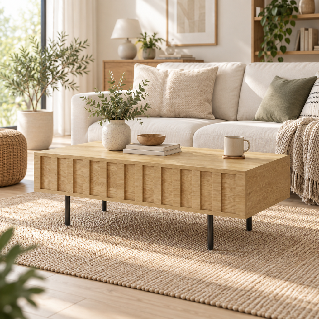 Table basse Eikdal fermée effet chêne clair devant un canapé beige
