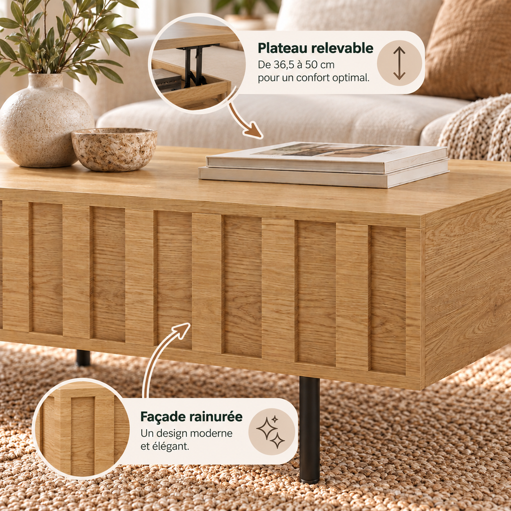 Détail de la façade rainurée effet chêne de la table basse Eikdal