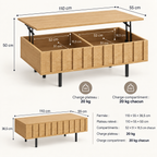 Dimensions de la table Eikdal fermée et relevée, rangement et espace au sol