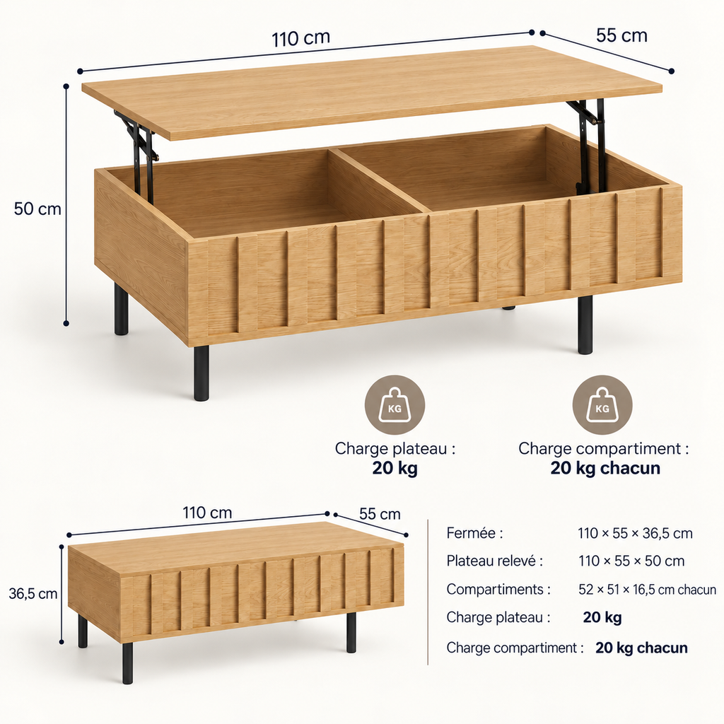Dimensions de la table Eikdal fermée et relevée, rangement et espace au sol