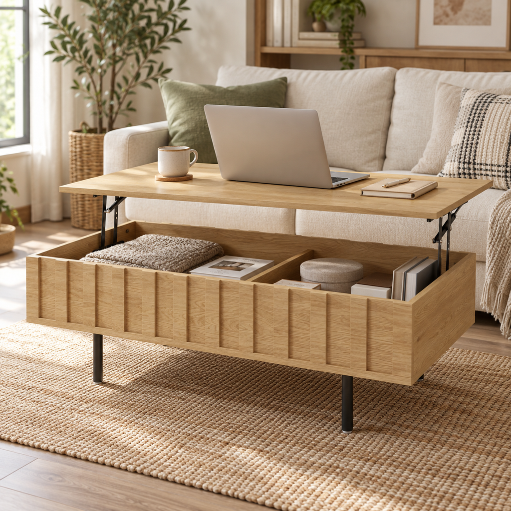 Plateau relevé de la table Eikdal utilisé avec un ordinateur près du canapé