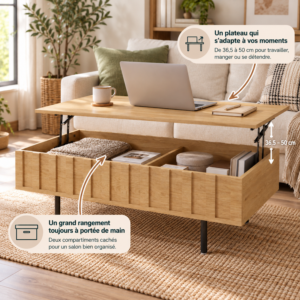 Plateau relevé de la table Eikdal utilisé avec un ordinateur près du canapé