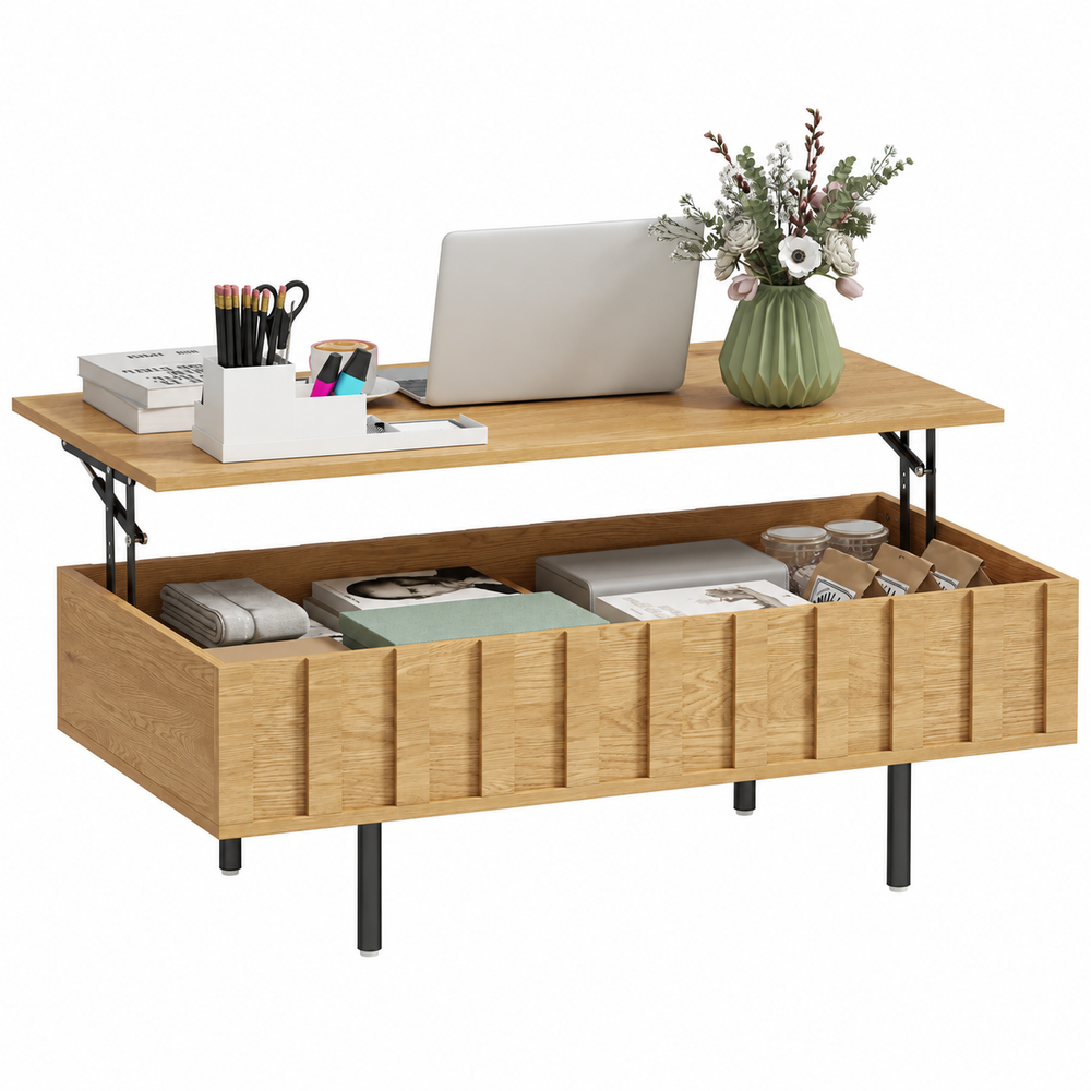 Table basse Eikdal ouverte sur fond blanc avec plateau relevé et rangement visible