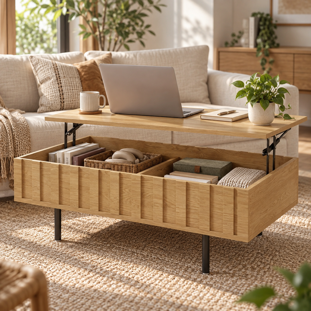 Table Eikdal ouverte avec ordinateur et rangements visibles près d'un canapé