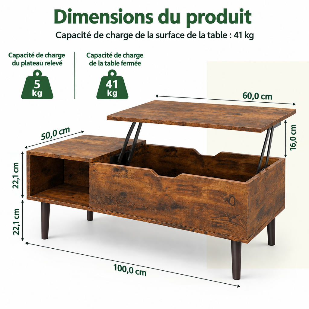 Infographie des dimensions et charges de la table basse relevable Elden