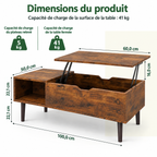 Infographie des dimensions et charges de la table basse relevable Elden