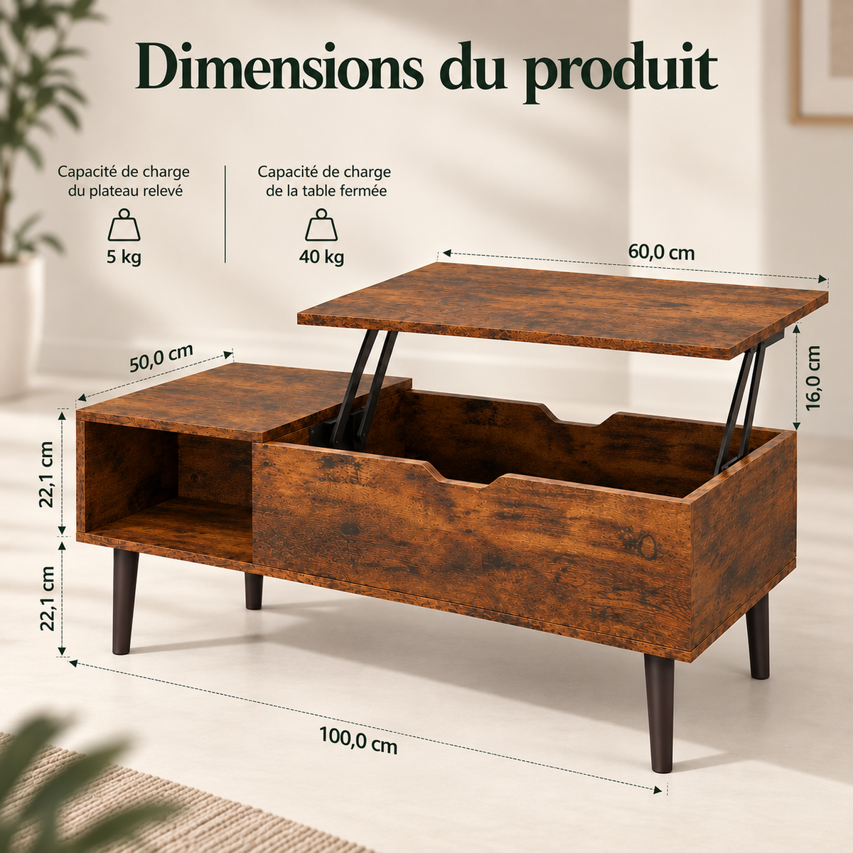 Infographie des dimensions et charges de la table basse relevable Elden