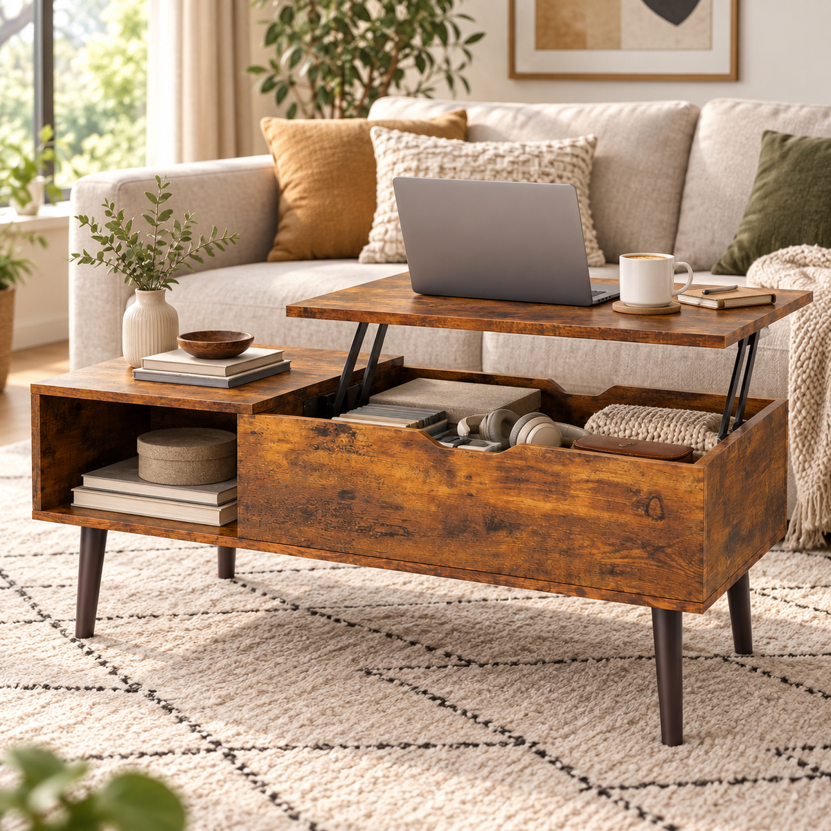 Table basse Elden avec plateau relevé utilisée comme bureau depuis le canapé