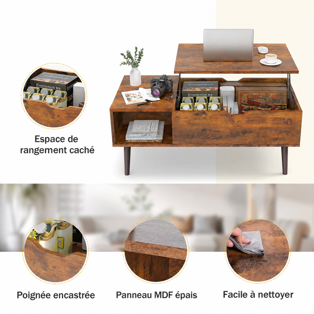 Rangement sous le plateau relevable de la table basse Elden