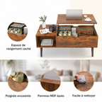 Rangement sous le plateau relevable de la table basse Elden
