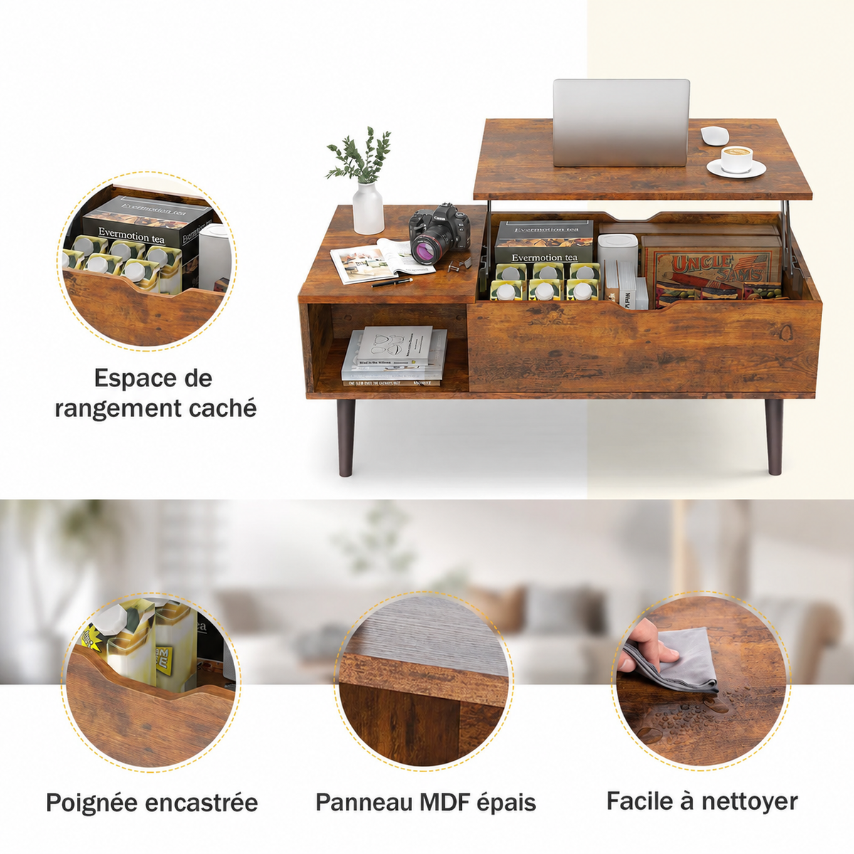 Rangement sous le plateau relevable de la table basse Elden