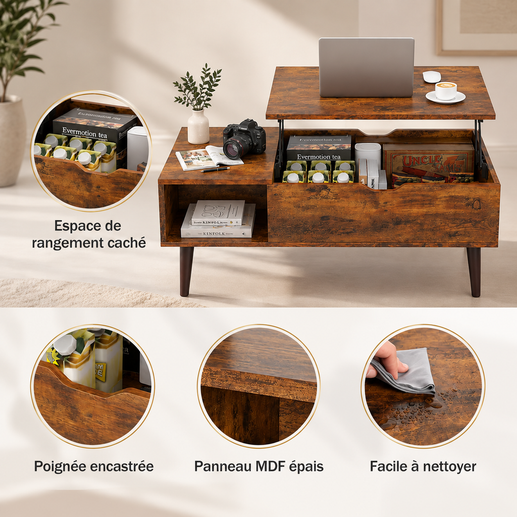 Rangement sous le plateau relevable de la table basse Elden