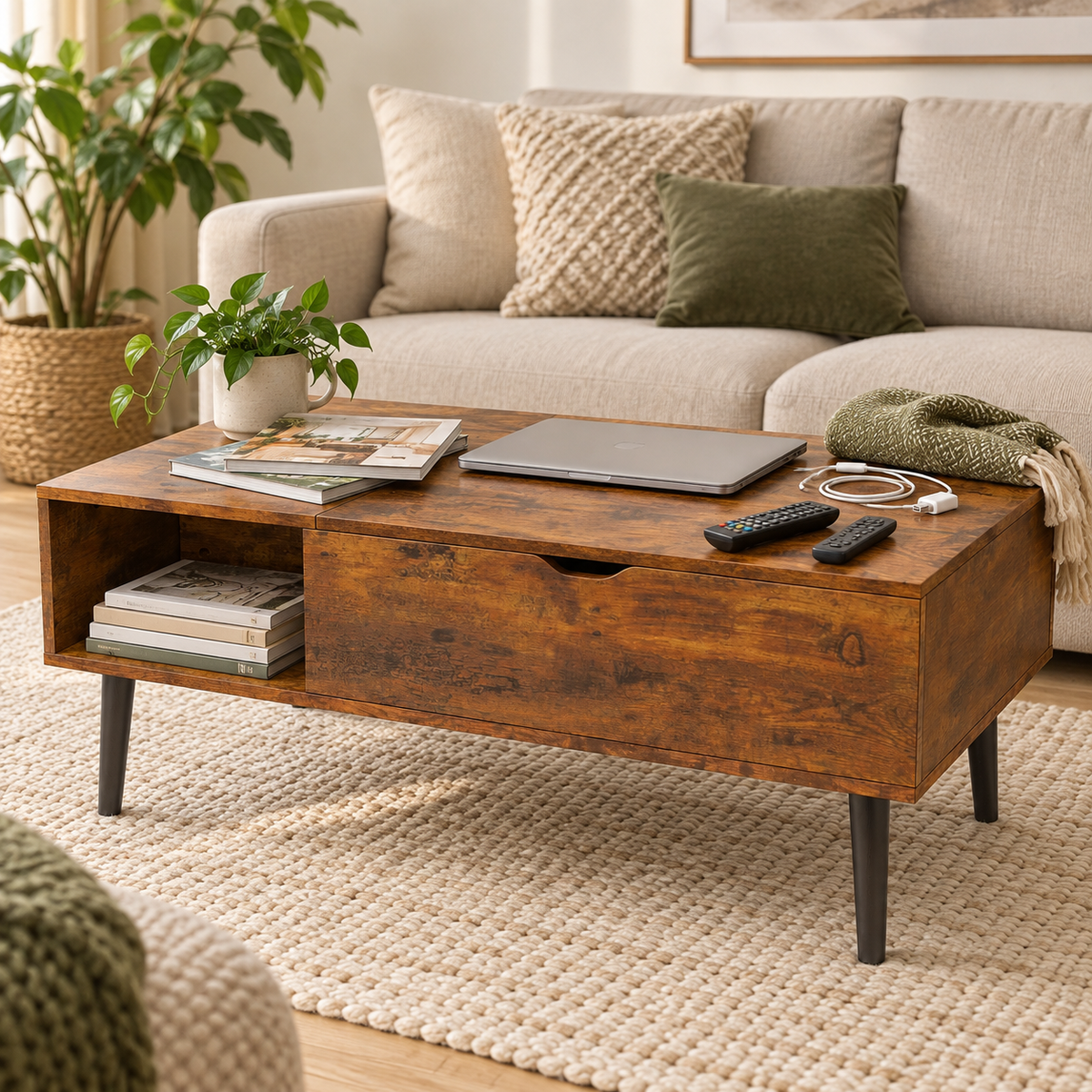 Table basse Elden montrant son rangement caché dans le salon