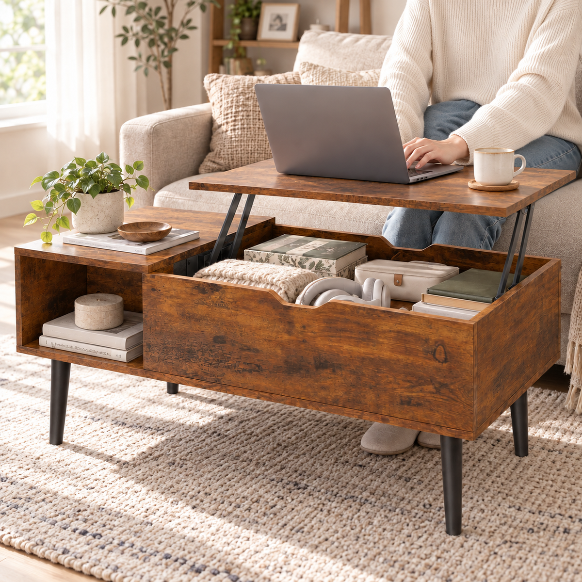 Table basse relevable Elden dans un salon organisé avec plateau ouvert