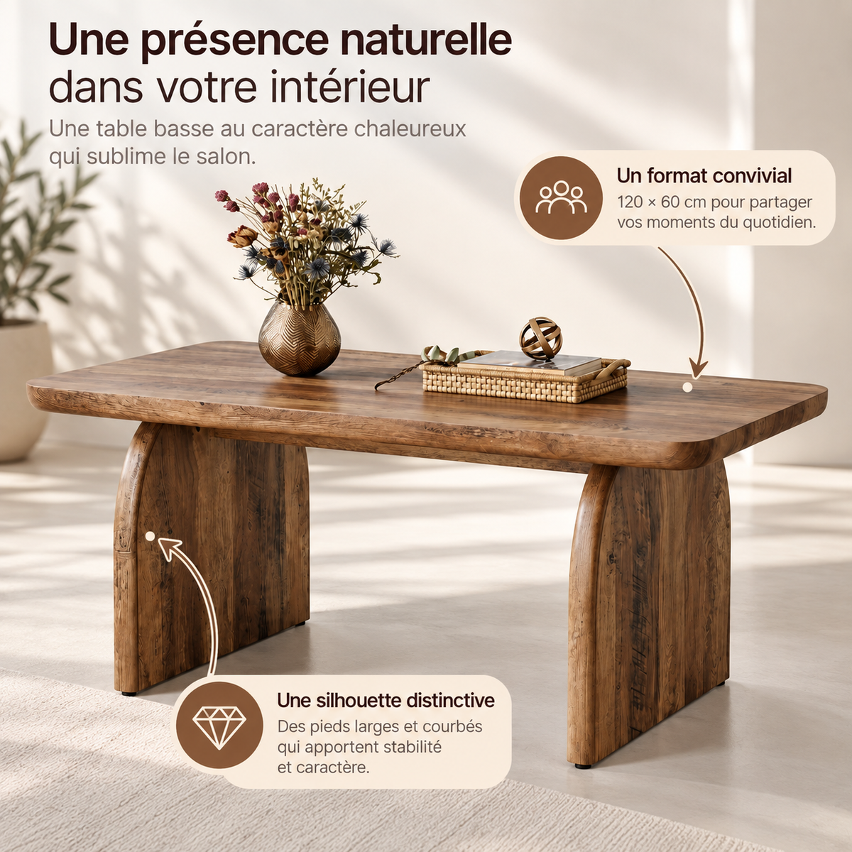 Détail des deux pieds courbés et du dessous du plateau de la table basse Haldor
