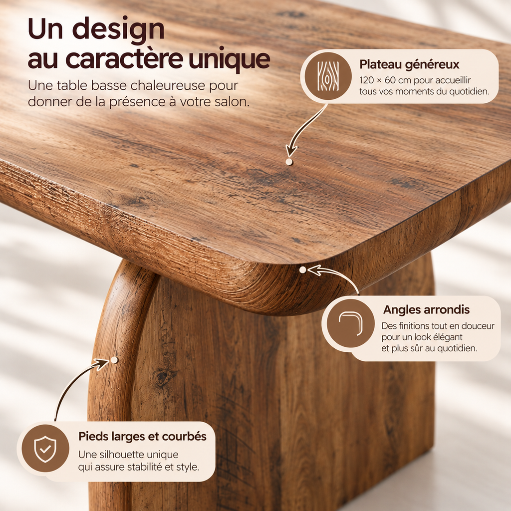 Détail du plateau brun rustique et de l’angle arrondi de la table basse Haldor