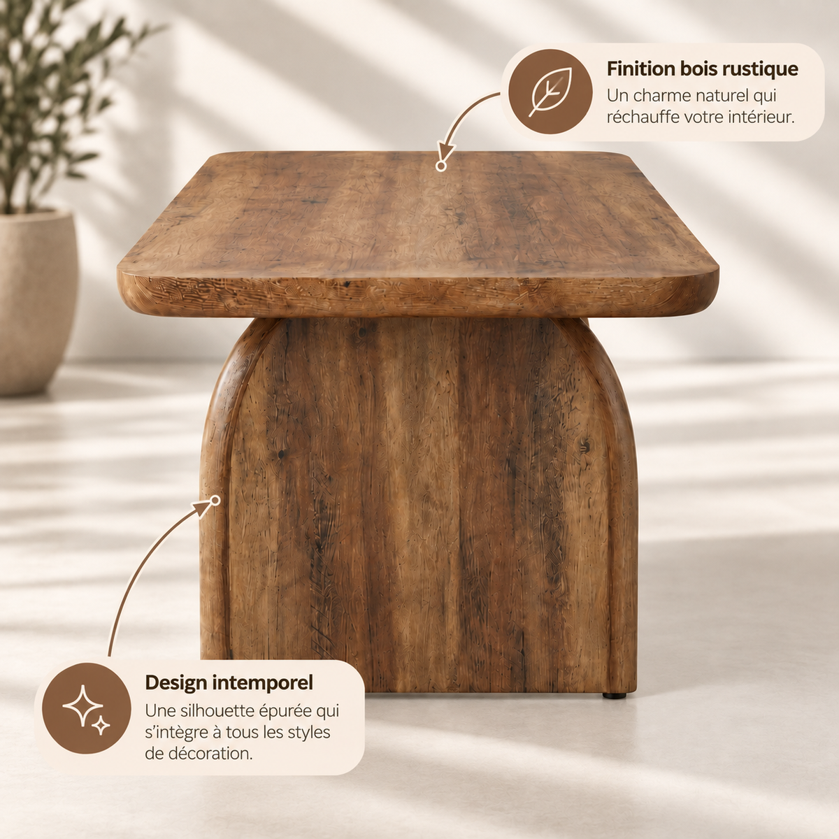 Table basse Haldor vue de face sur fond blanc, plateau arrondi et pied courbé
