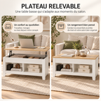 Table basse Lunden montrée avec son plateau fermé puis relevé