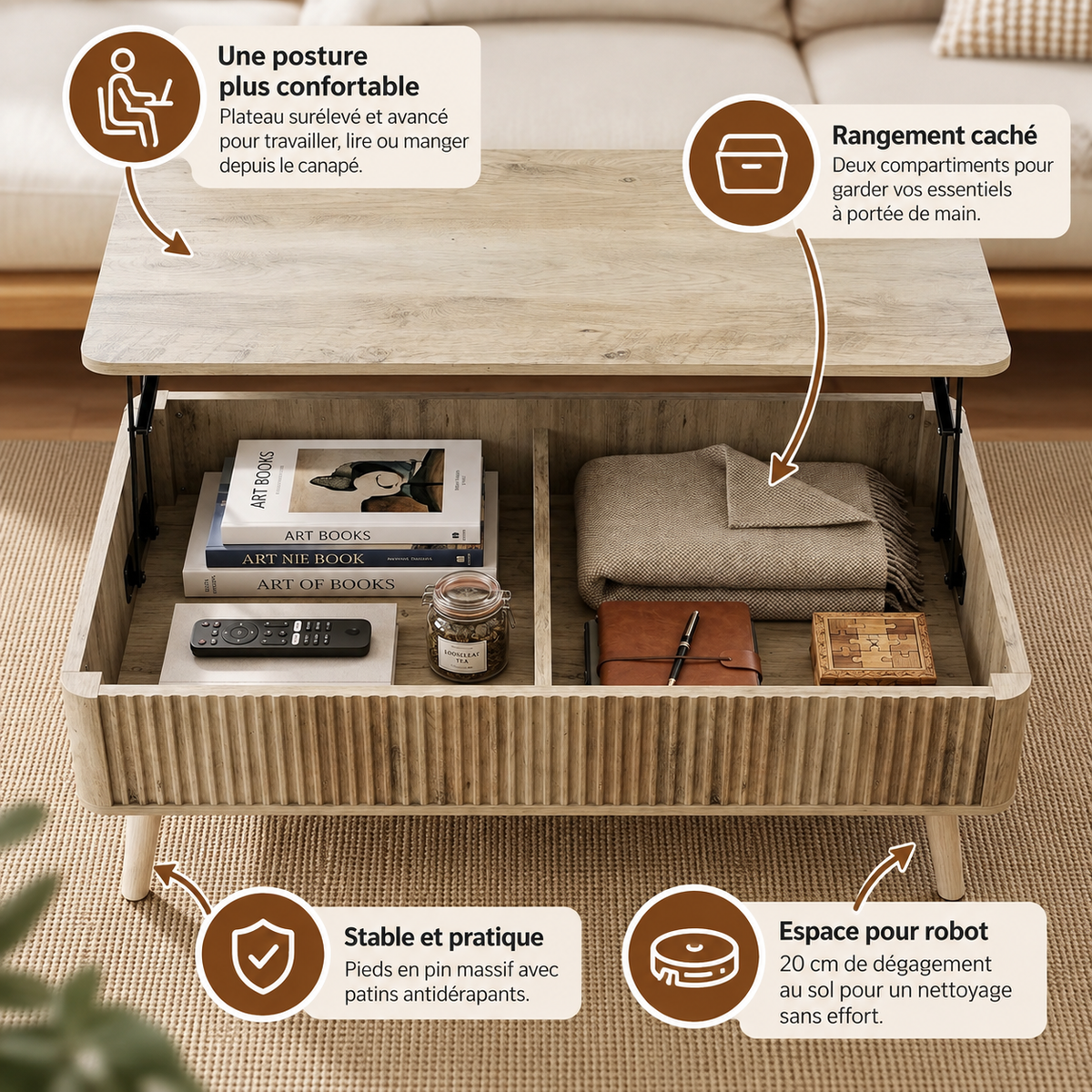 Deux compartiments de rangement sous le plateau relevable de la table Lykke