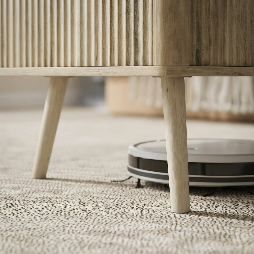 Aspirateur robot passant sous les pieds en pin de la table basse Lykke