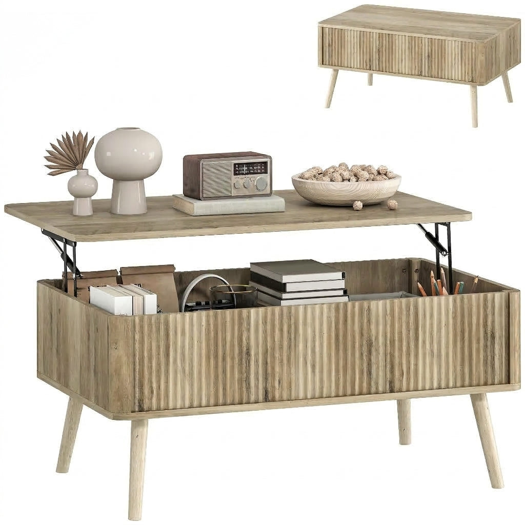 Table basse Lykke ouverte avec deux rangements cachés, vue studio