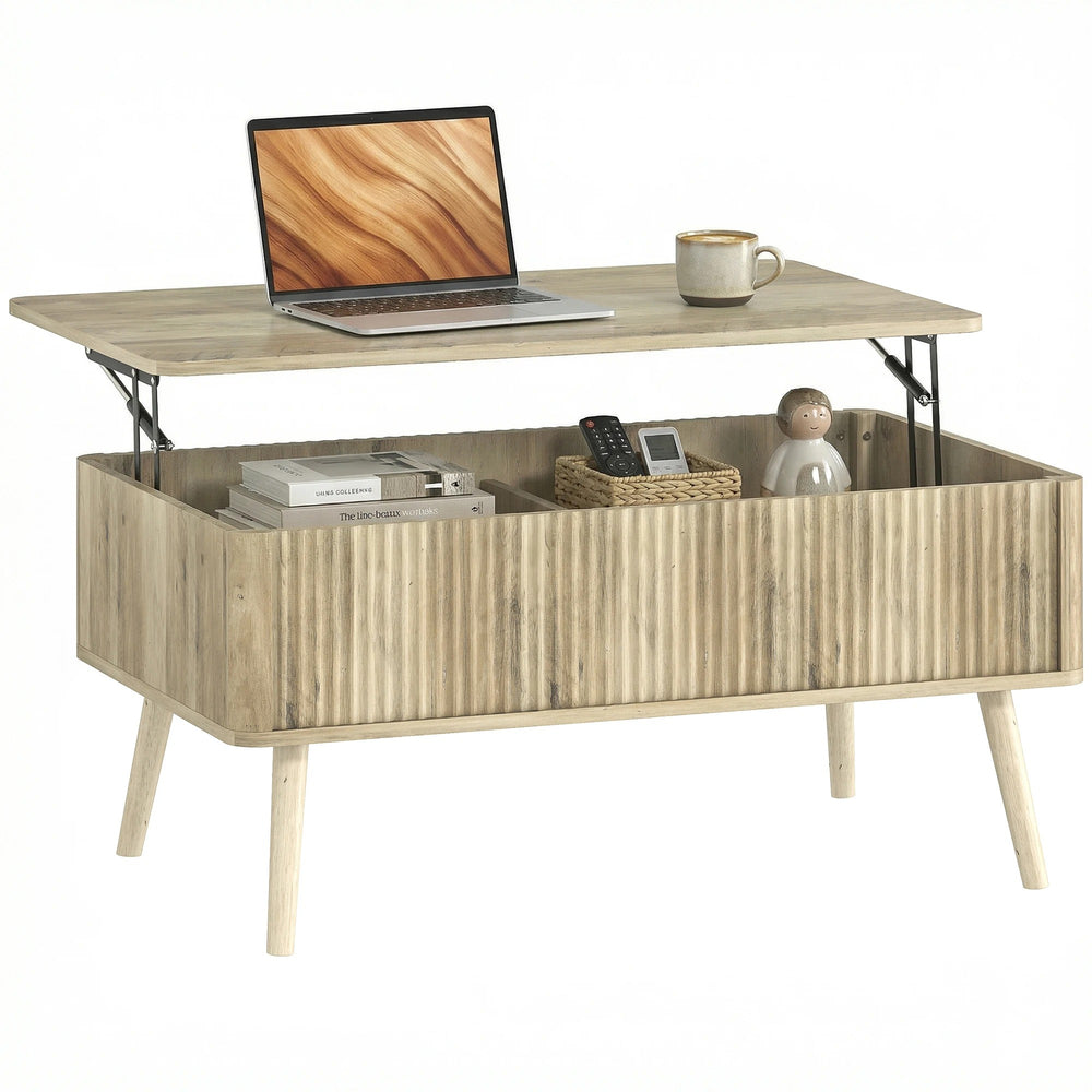 Table basse Lykke ouverte avec deux rangements cachés, vue studio