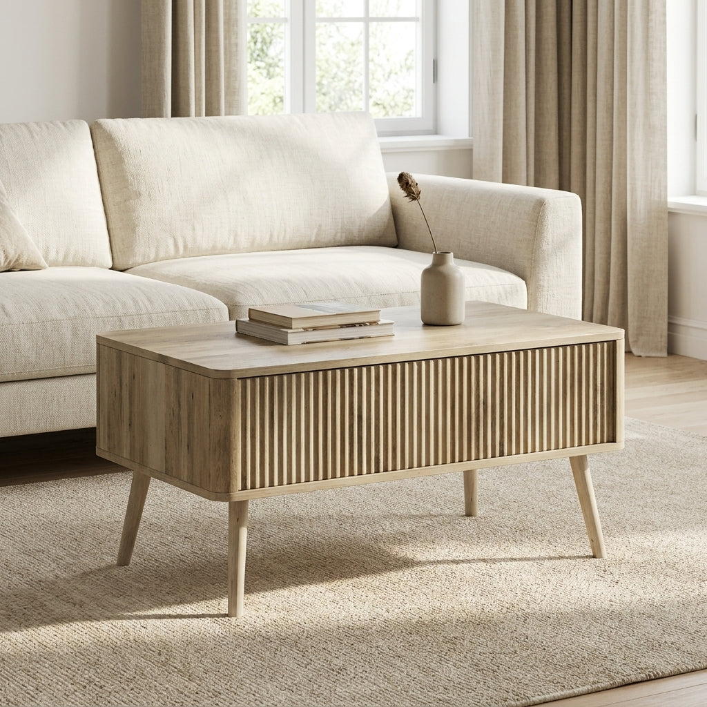Table basse Lykke dans un salon minimaliste, vue en trois quarts