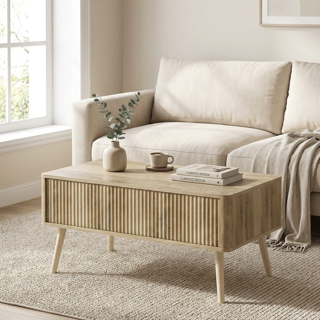 Table basse Lykke fermée dans un salon scandinave moderne et lumineux