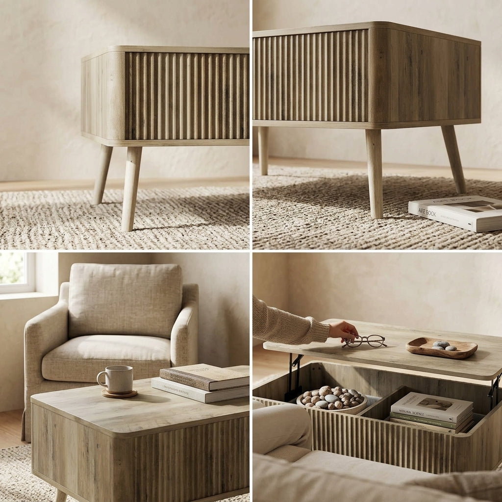 Différentes vues de la table basse relevable Lykke en situation