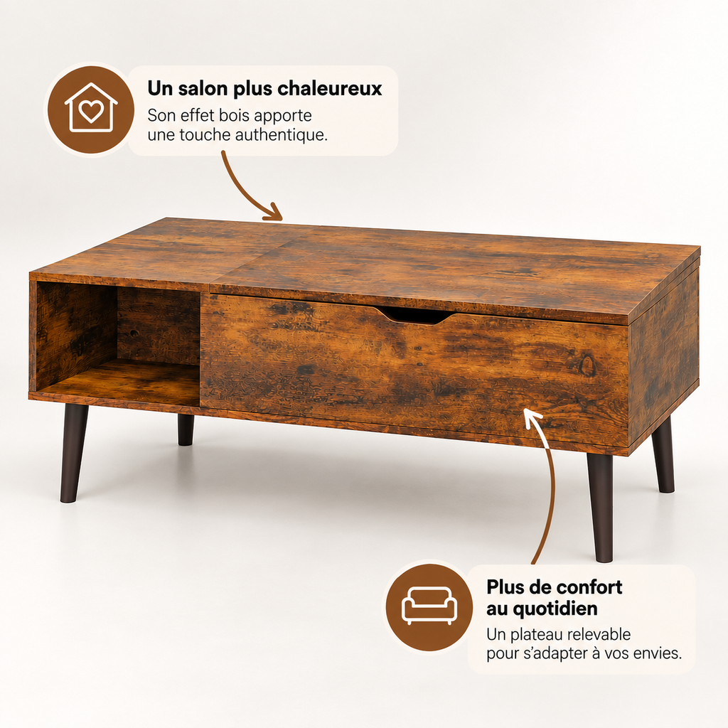 Table basse relevable Elden 100 cm effet bois brun sur fond blanc fermé