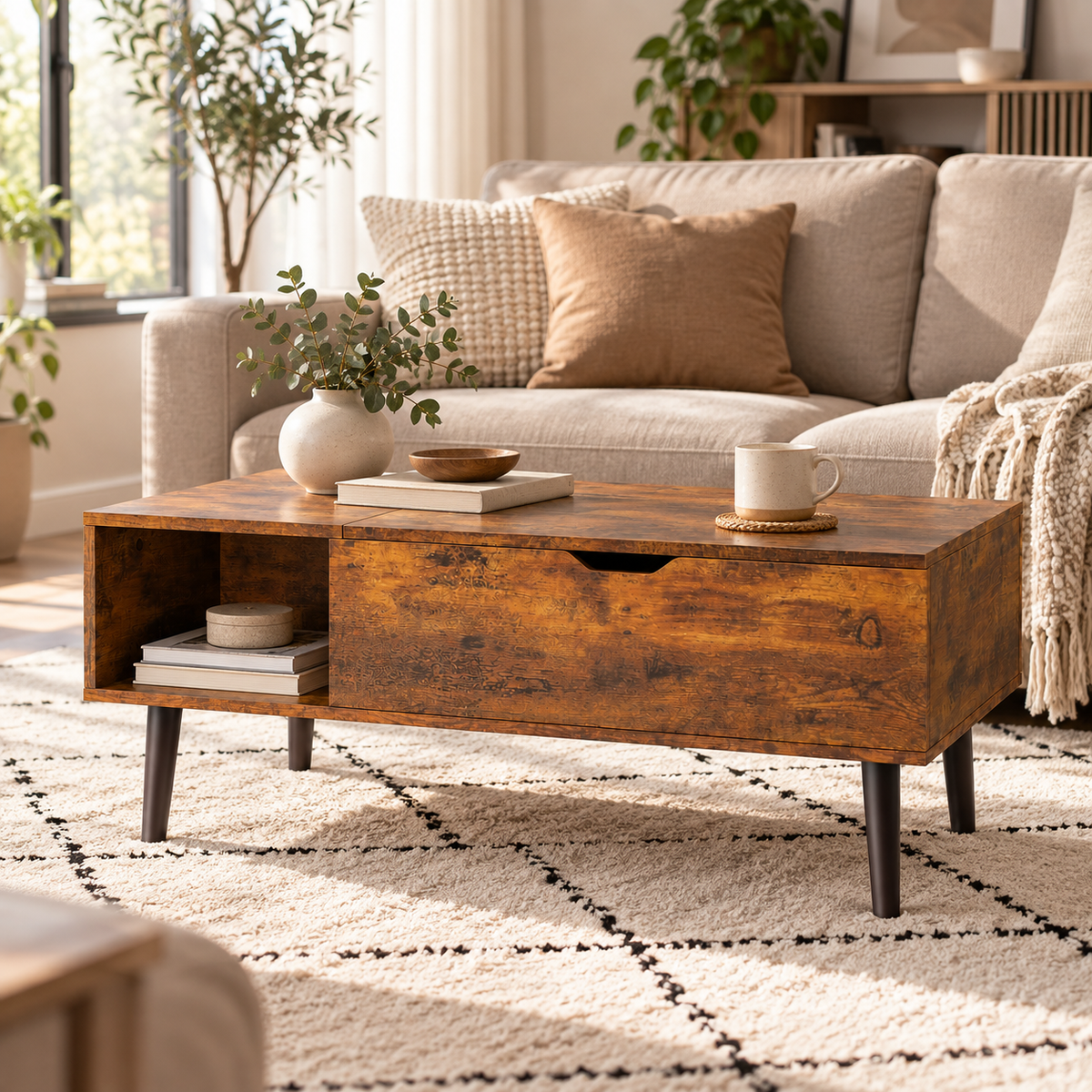 Table basse relevable Elden fermée dans un salon contemporain chaleureux