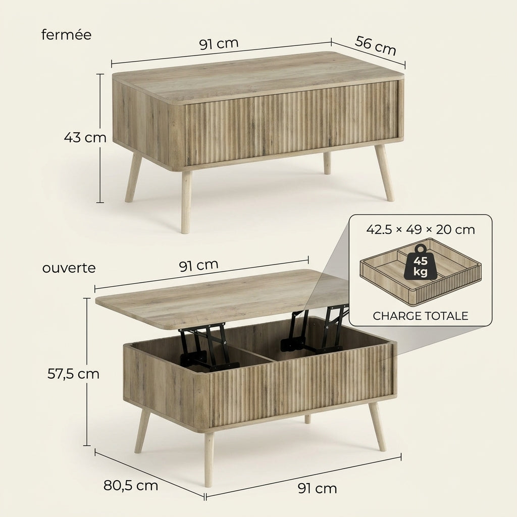 Dimensions et charges maximales de la table basse relevable Lykke