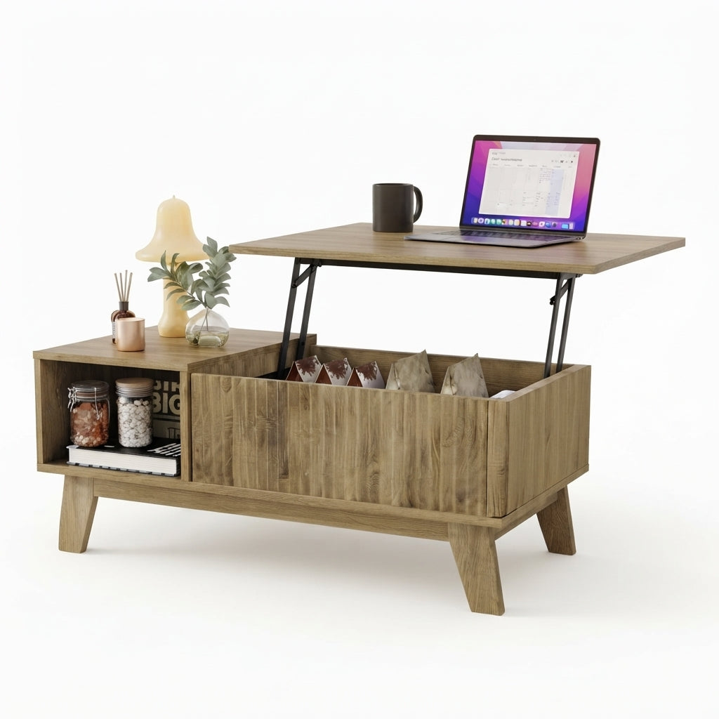 Table basse relevable Sivren 95 cm en finition bois naturel sur fond blanc