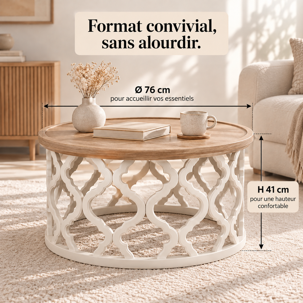 Infographie de la table basse ronde Sivra avec diamètre 76 cm et hauteur 40,6 cm