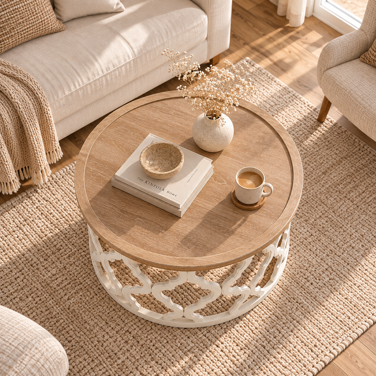 Table basse ronde Sivra dans un salon aéré avec canapé clair et circulation fluide