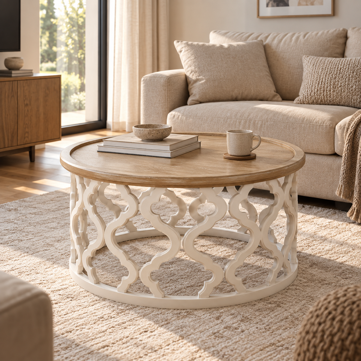 Table basse ronde Sivra utilisée avec une tasse, un livre et quelques objets du quotidien