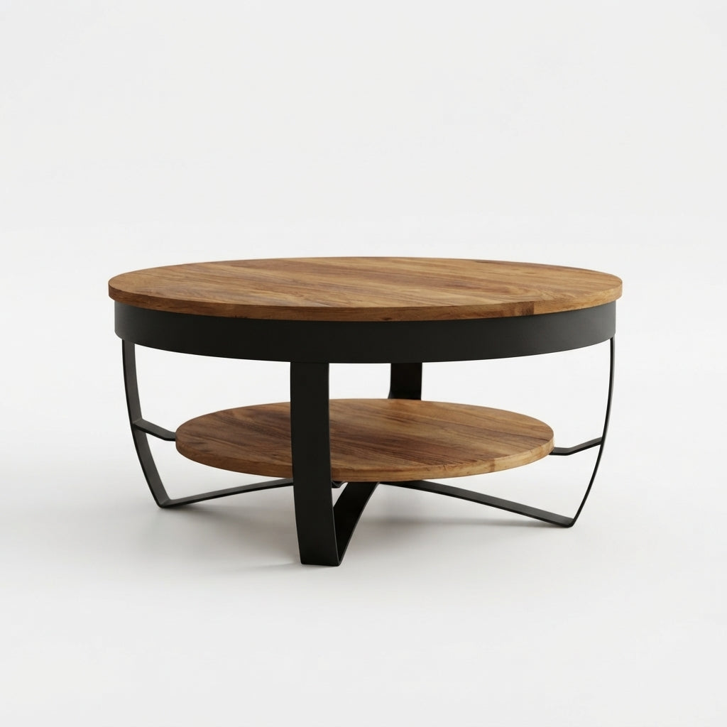 Table basse ronde Torven 65 cm en acacia massif et métal noir sur fond blanc