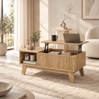 Table basse relevable Sivren utilisée comme surface de travail depuis le canapé