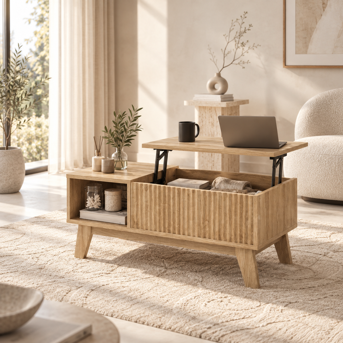 Table basse relevable Sivren utilisée comme surface de travail depuis le canapé