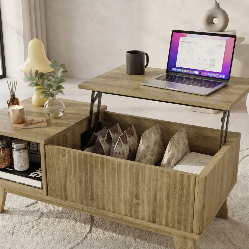 Table basse Sivren avec plateau relevé pour travailler depuis le canapé