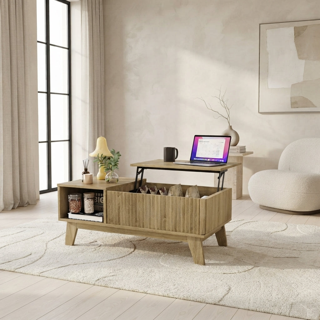 Table basse Sivren avec rangement caché et niche ouverte dans un salon organisé