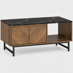 Table basse Svala en noyer avec plateau noir effet marbre, vue de face sur fond clair