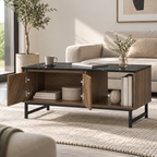 Table basse Svala avec portes ouvertes montrant le placard et les rangements
