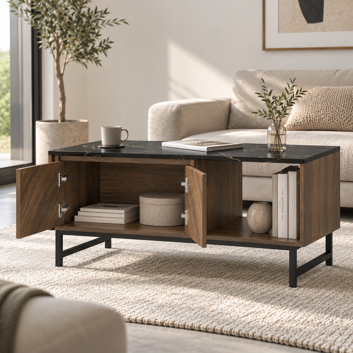 Table basse Svala avec portes ouvertes montrant le placard et les rangements