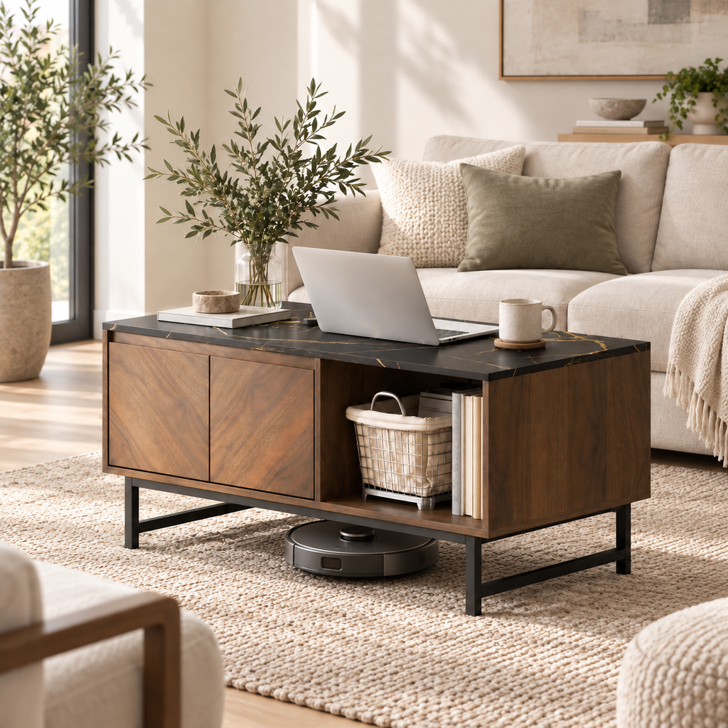 Table basse Svala dans un salon chaleureux avec espace libre pour robot aspirateur