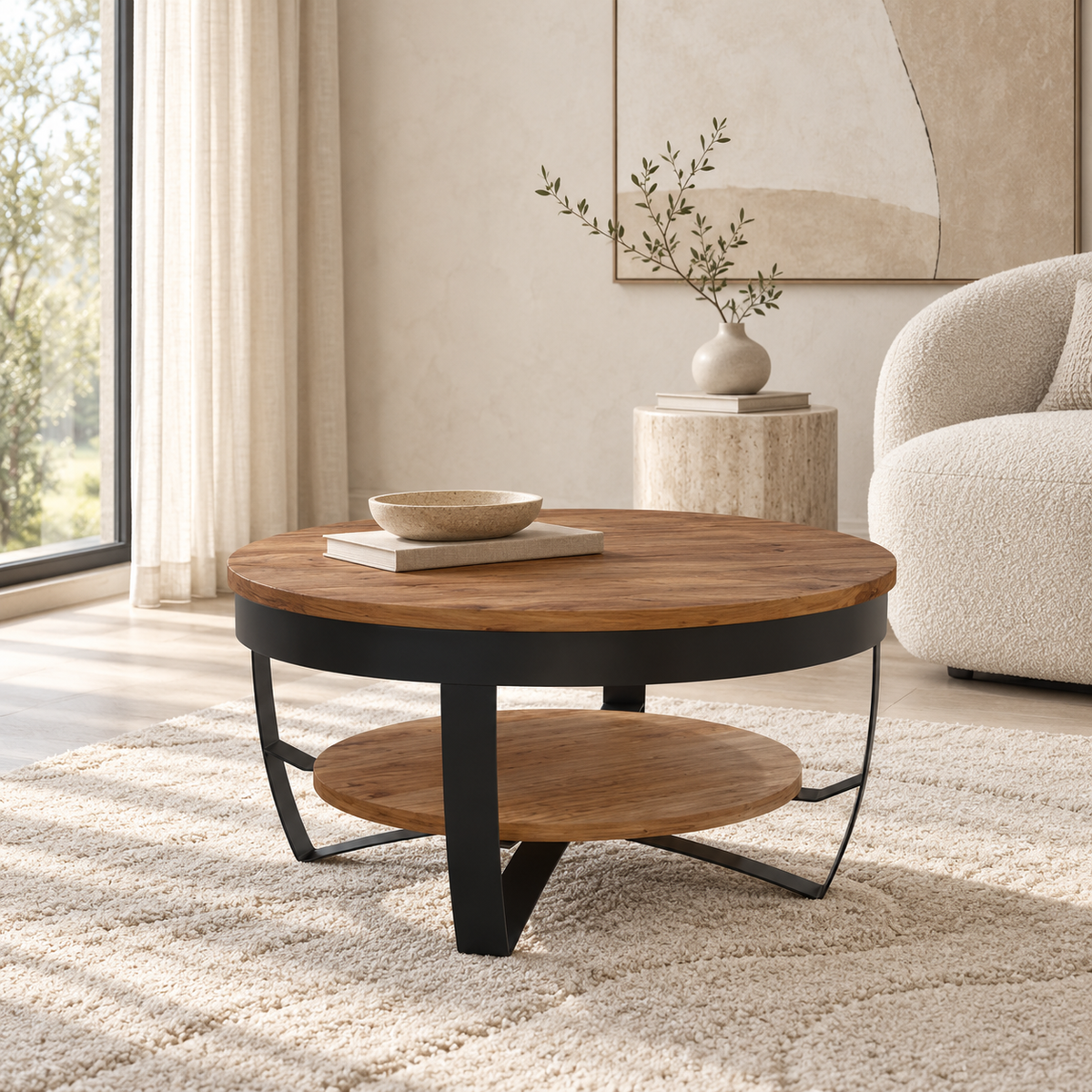 Table basse Torven avec plateau supérieur et étagère ronde pour les objets du quotidien