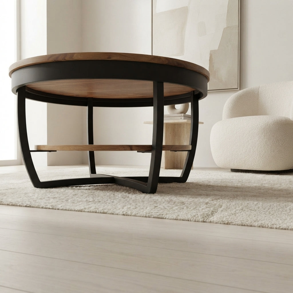 Table basse Torven avec étagère inférieure ronde en acacia massif
