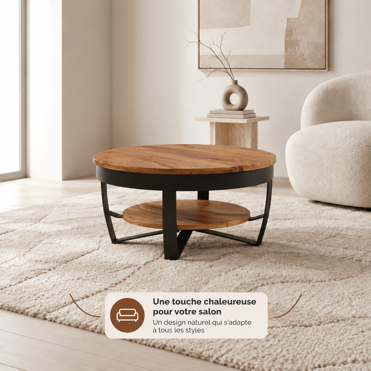 Table basse Torven avec étagère inférieure ronde en acacia massif